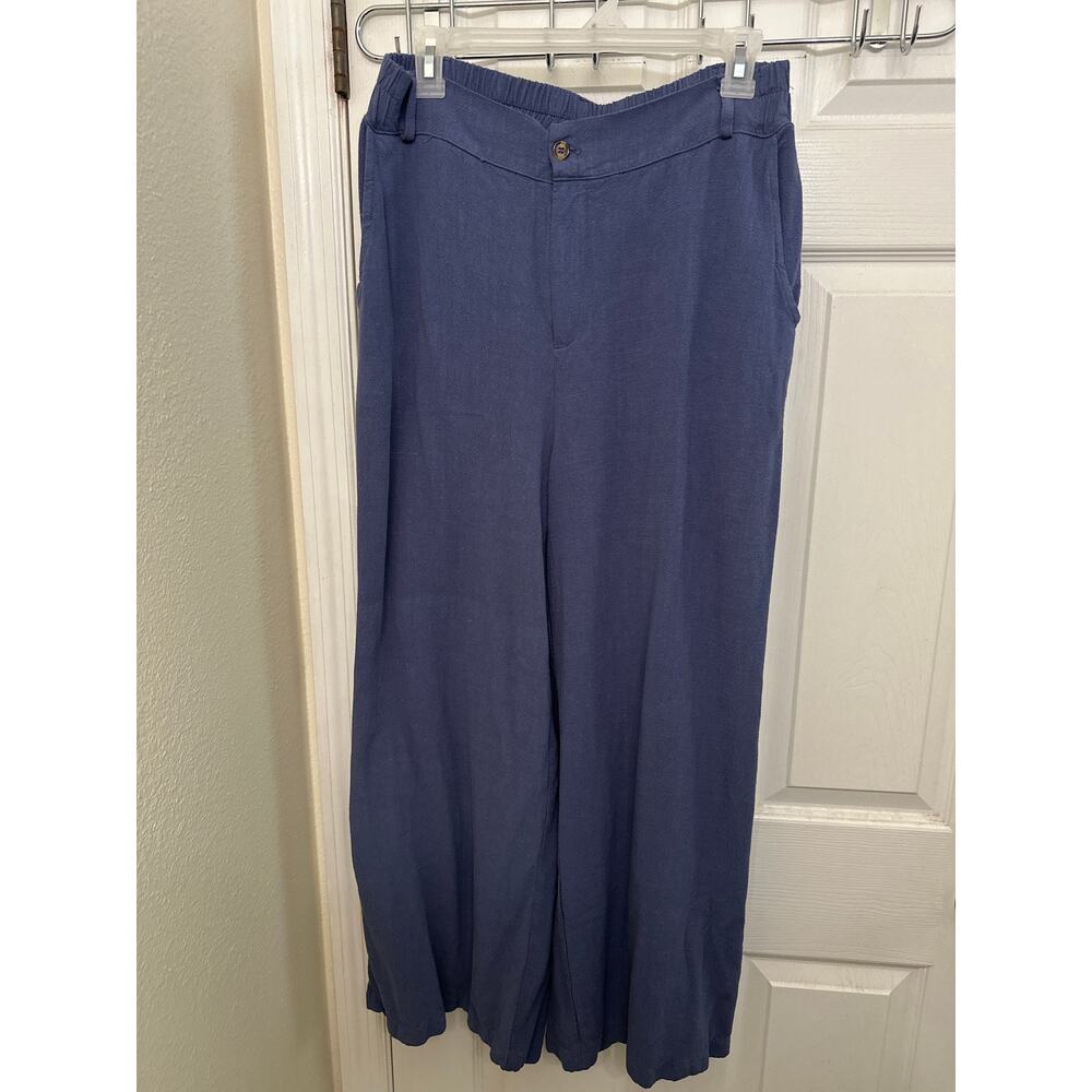Women’s size Large linen & cotton blend blue Wide leg pants inseam 27”